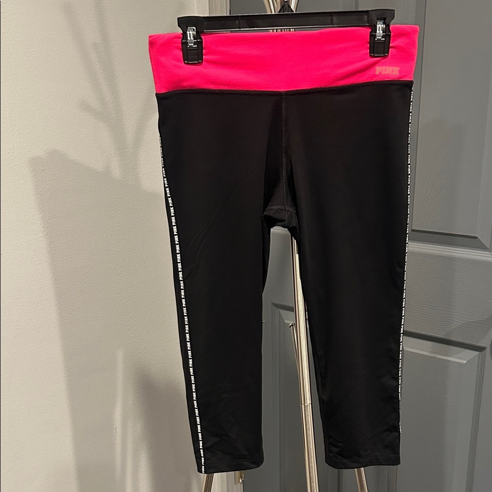 PINK Victoria's Secret Black‎ Ultimate Yoga Leggings with Vibrant Pink Waist.